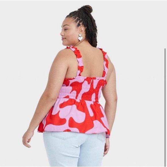 Ava & Viv Women's Plus Size Smocked Peplum Tank Top - Red Abstract - Picture 4 of 4